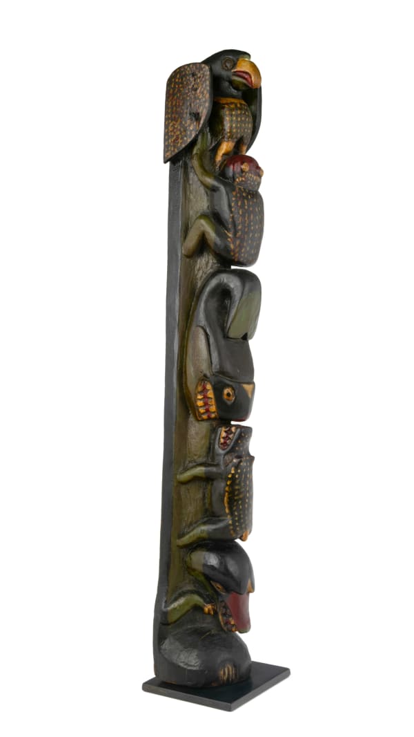 Lot 116 UNIDENTIFIED COAST SALISH or NUU-CHAH-NULTH ARTIST Model Totem Pole, c. 1920s-1930s wood and pigments, 29.75 x 5 x 5 in (75.6 x 12.7 x 12.7 cm) ESTIMATE: $3,000 — $5,000