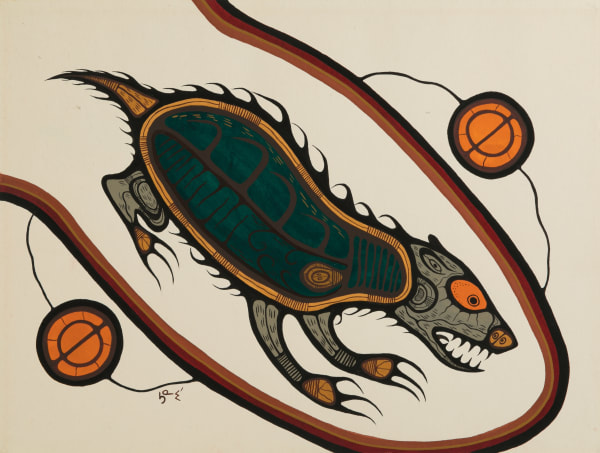 Lot 73 SAUL WILLIAMS (1954-) ANISHINAABE (OJIBWE), NORTH CARIBOU LAKE FIRST NATION, WEAGAMOW, ON Ground Hog, 15 April 1976 acrylic on paper, 18 x 23.75 in (45.7 x 60.3 cm) ESTIMATE: $500 — $800 PRICE REALIZED: $456.00
