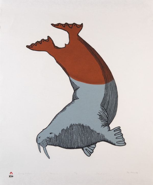 Lot 61 TIM PITSIULAK (1967-2016) KINNGAIT (CAPE DORSET) Diving Walrus, 2014 #37 stonecut, 28 x 23.5 in (71.1 x 59.7 cm) ESTIMATE: $600 — $900 PRICE REALIZED: $561.20