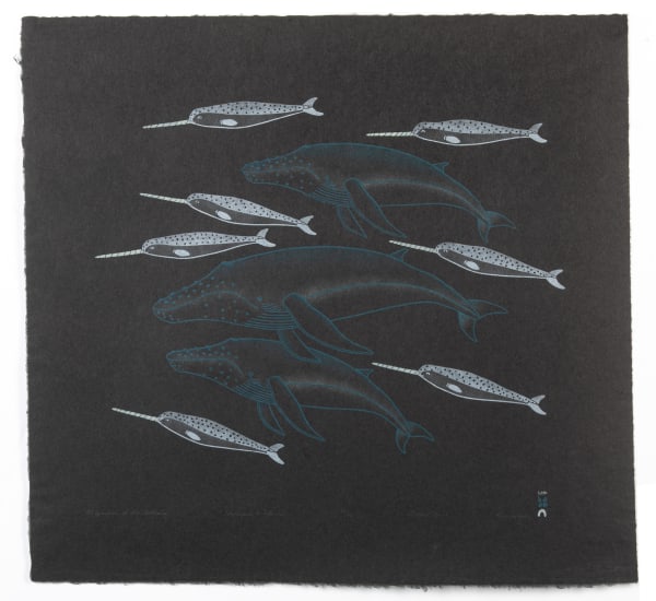 Lot 159 QAVAVAU MANUMIE (1958-) KINNGAIT (CAPE DORSET) Migration of the Whales, 2002 #9 stonecut and stencil, 25 x 27 in (63.5 x 68.6 cm) ESTIMATE: $500 — $800 PRICE REALIZED: $360.00