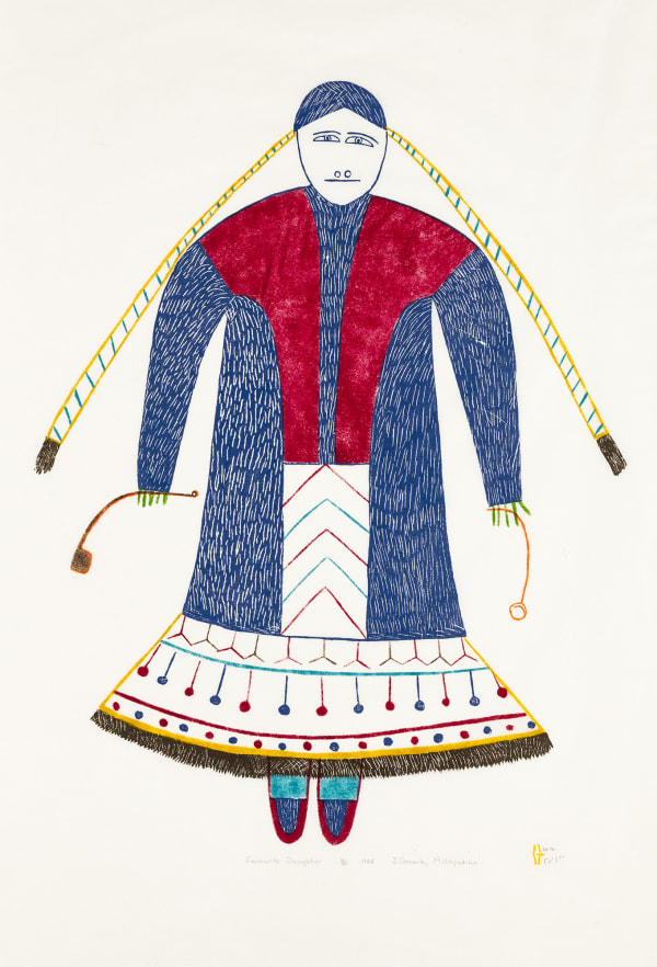 Lot 142 JESSIE OONARK, O.C., R.C.A (1906-1985) QAMANI'TUAQ (BAKER LAKE) Favourite Daughter, 1985 #18 stonecut and stencil, 37 x 25 in (94 x 63.5 cm) ESTIMATE: $3,000 — $5,000 Price Realized: $7,200