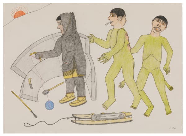 NANCY PUKINGRNAK AUPALUKTUQ (1940-) QAMANI'TUAQ (BAKER LAKE) Monstrous Creatures Approach Fisherman, c. 1976 coloured pencil on heavy wove BFK Rives watermarked paper, 22 x 30 in (55.9 x 76.2 cm)