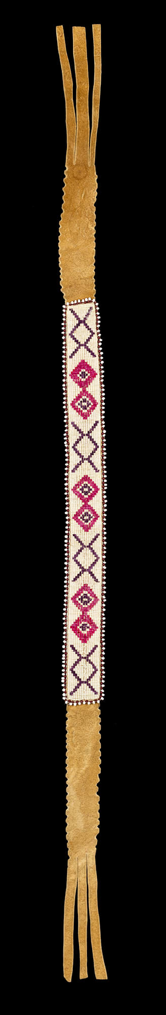 LOT 30 UNIDENTIFIED MAKER, DENE (ATHABASKAN / ATHAPASKAN) Headband, late 19th century hide, dyed and natural quills, cotton thread, 0.25 x 30.25 x 1.25 (0.6 x 76.8 x 3.2 cm) ESTIMATE: $1,000 — $1,500 Price Realized: $600.00