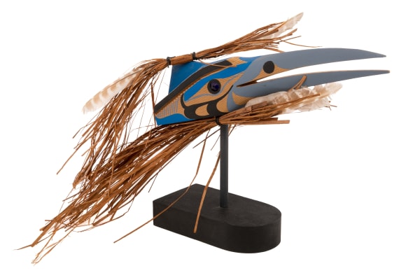 Lot 73 PATRICK AMOS (1957-) NUU-CHAH-NULTH Miniature Kingfisher Mask on Base, 8 Feb 2011 wood, hammered cedar bark, acrylic paint, and resin [?] beads, 8.5 x 17 x 3 in (21.6 x 43.2 x 7.6 cm) ESTIMATE: $500 — $800 PRICE REALIZED: $2,318.00
