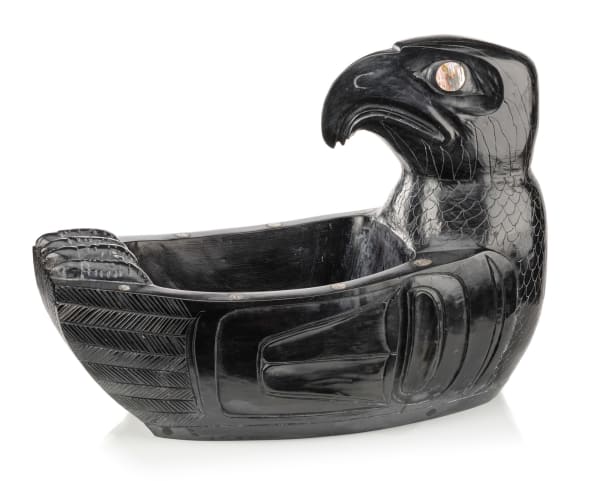 Lot 163 RUFUS MOODY, C.M. (1923-1998) SKIDEGATE, B.C. Eagle Form Model Feast Bowl, c. late 1970s argillite and abalone, 9.5 x 13 x 6.25 in (24.1 x 33 x 15.9 cm) ESTIMATE: $5,000 — $8,000 PRICE REALIZED: $3,776.00