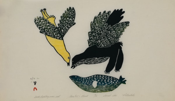 Lot 75A PITSEOLAK ASHOONA, R.C.A., O.C., (1904-1983) KINNGAIT (CAPE DORSET) Birds Fighting Over Seal, 1975 #47 stonecut, 14.25 x 23.25 in (36.2 x 59.1 cm) ESTIMATE: $300 — $500 PRICE REALIZED: $240.00