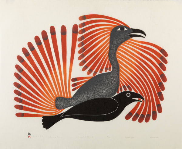 Lot 23 KENOJUAK ASHEVAK, C.C., R.C.A. (1927-2013) KINNGAIT (CAPE DORSET) Intruding Raven, 2001 #9 stonecut and stencil on Kizuki kozo natural coloured paper, 24.5 x 30 in (62.2 x 76.2 cm) ESTIMATE: $1,500 — $2,500 PRICE REALIZED: $1,342.00