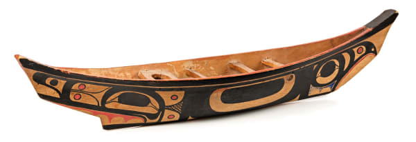 Lot 160 UNIDENTIFIED TLINGIT ARTIST Canoe Model, c. 1890 yellow cedar, black red, and traces of Reckitt’s blue pigment, 3.75 x 17.5 x 3.75 in (9.5 x 44.5 x 9.5 cm) ESTIMATE: $3,000 — $5,000 PRICE REALIZED: $2,380.00