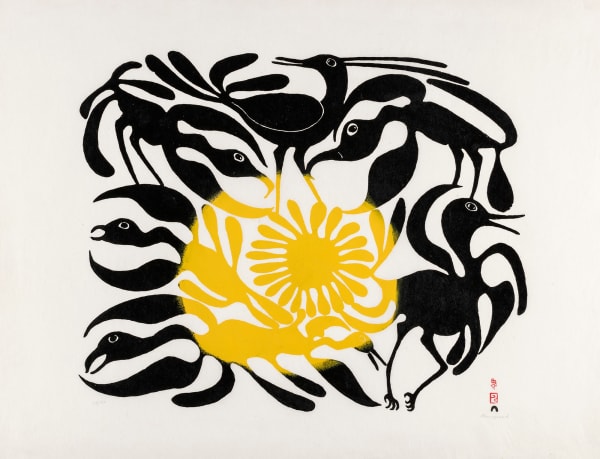 Lot 58 KENOJUAK ASHEVAK, C.C., R.C.A. (1927-2013) KINNGAIT (CAPE DORSET) The Arrival of the Sun, 1962 #69 stonecut, 25 x 32.25 (63.5 x 81.9 cm) ESTIMATE: $9,000 — $12,000 price realized: $24,400.00 A world record for the print at auction.