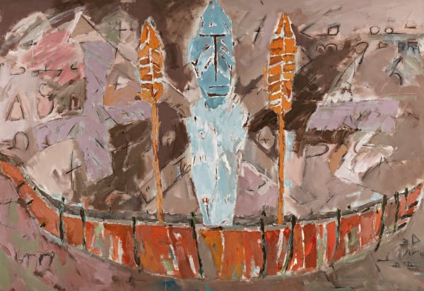 Lot 32 RICK RIVET (1949-) SAHTU-MÉTIS, AKLAVIK, NWT / ONTARIO Journey #1, 1985 acrylic on canvas, 69.5 x 48 (176.5 x 121.9 cm) ESTIMATE: $4,000 — $6,000 Price realized: $4,392.00