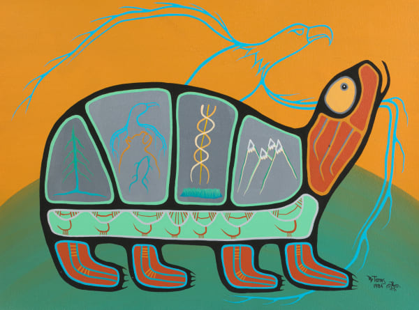 Lot 120 ROY THOMAS (1949-2004) ANISHINAABE (OJIBWE) Turtle Slowly Teaching us the Law of Honesty, Kindness and Sharing and Strength, 1984 acrylic on heavy rag paper, 18 x 24 in (45.7 x 61 cm) ESTIMATE: $800 — $1,200 PRICE REALIZED: $1,560.00