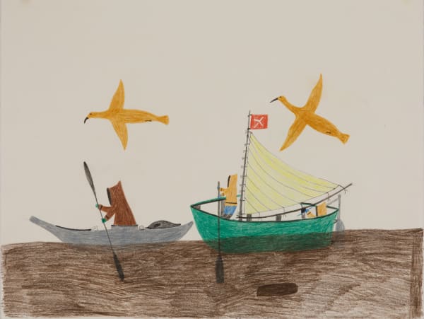 Lot 56 LUCY QINNUAYUAK (1915-1982) KINNGAIT (CAPE DORSET) Untitled (Hunters at Sea with Birds Overhead), 1979/80 ink and coloured pencil on paper, 20 x 25.75 in (50.8 x 65.4 cm) ESTIMATE: $500 — $800 PRICE REALIZED: $170.80