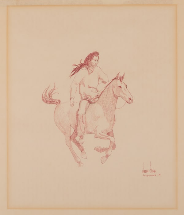 LOT 127 SARAIN STUMP (SOCK-A-JAW-WU) (1945-1974) CREE-SHOSHONE Man on Horseback, 1970 pen and ink on over graphite on cerlox bound, thin wove paper, 14.25 x 15 in (36.2 x 38.1 cm) ESTIMATE: $100 — $200
