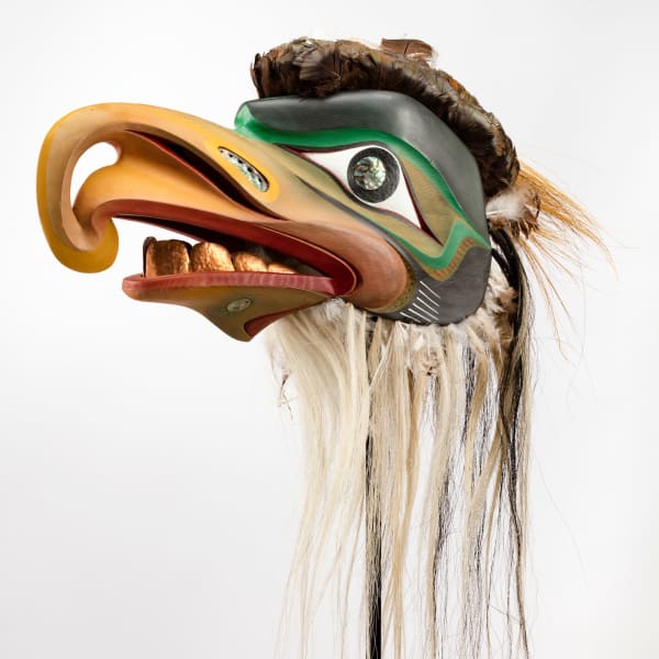 Lot 95 SIMON DICK (1951-) KWAKWA̱KA̱ʼWAKW Kolus Mask, 1996 wood, acrylic paint, copper, abalone, feathers, horse hair, and grass, 11.5 x 21 x 8.25 in (29.2 x 53.3 x 21 cm) ESTIMATE: $3,000 — $5,000 PRICE REALIZED: $3,600.00