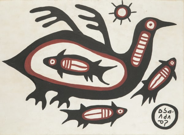 Lot 16 NORVAL MORRISSEAU, C.M. (1931-2007) ANISHINAABE (OJIBWE) Loon with Fish, early-mid 1960s ink and tempera on heavy wove paper, 19 x 26 in (48 x 66 cm) ESTIMATE: $1,200 — $1,800 PRICE REALIZED: $2,318.00