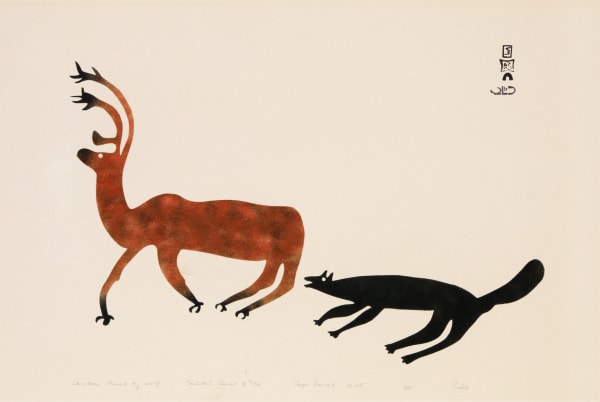 Lot 11 PUDLO PUDLAT (1916-1992) KINNGAIT (CAPE DORSET) Caribou Chased by Wolf, 1961 #18 sealskin stencil, 19 x 22.75 (48.3 x 57.8 cm) ESTIMATE: $800 — $1,200 PRICE REALIZED: $720.00