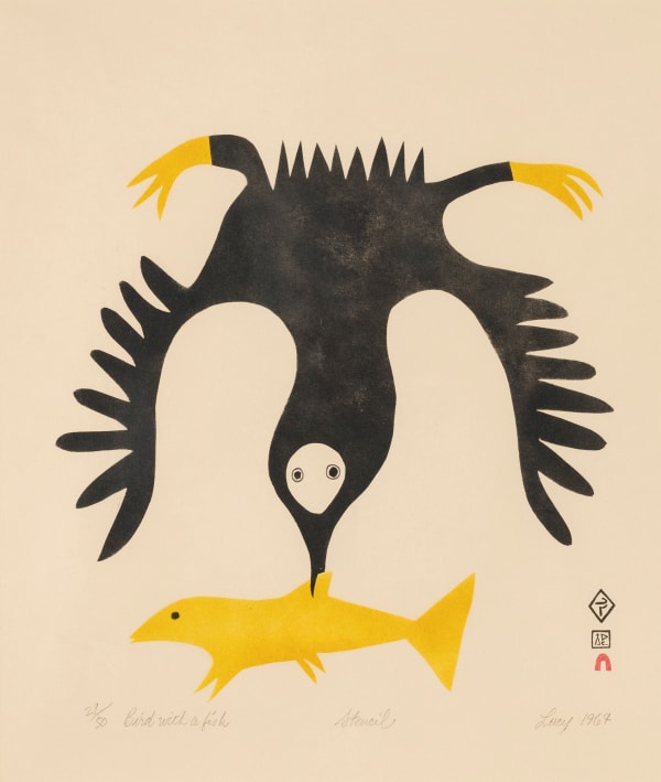Lot 20 LUCY QINNUAYUAK (1915-1982) KINNGAIT (CAPE DORSET) Bird with a Fish, 1964 (1964/65 #7) stencil, 18.5 x 15 in (47 x 38.1 cm) ESTIMATE: $1,500 — $2,500 PRICE REALIZED: $1,320.00