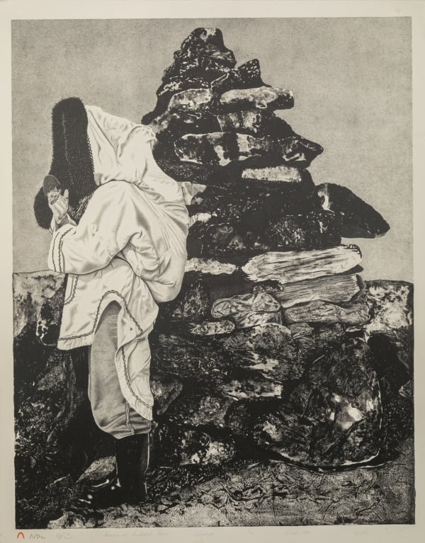 Lot 47 AOUDLA PUDLAT (1951-2006) KINNGAIT (CAPE DORSET) Woman at Inukshuk Point, 1983 (1986 Special Release) lithograph, 30 x 23.5 in (76.2 x 59.7 cm) ESTIMATE: $300 — $500 PRICE REALIZED: $150.00