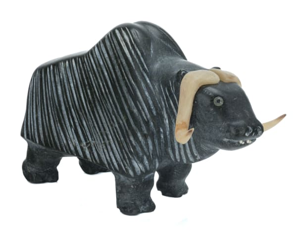 3 NELSON TAKKIRUQ (1930-) Uqsuqtuuq (Gjoa Haven) Muskox, 1992 stone, muskox horn, and antler, 5.25 x 8.25 x 4 in (13.3 x 21 x 10.2 cm)