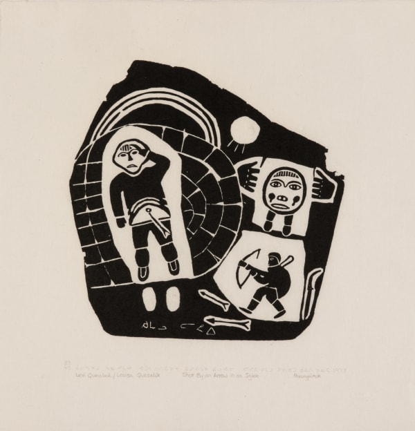 LEVI QUMALUK (1919-1997) PUVIRNITUQ (POVUNGNITUK) Shot by an Arrow in an Igloo, 1978 #3 stonecut, 18.25 x 17.5 in (46.4 x 44.5 cm)