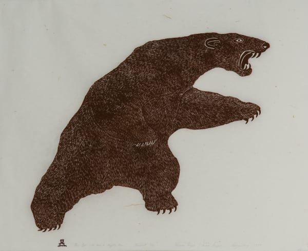 LOT 115 MOSESEE KAYAK (1944-) PANNIRTUQ (PANGNIRTUNG) This Bear Was Once a Mighty Man, 1979 #30 stonecut, 19.25 x 24.5 in (48.9 x 62.2 cm) ESTIMATE: $300 — $500 PRICE REALIZED: $336.00
