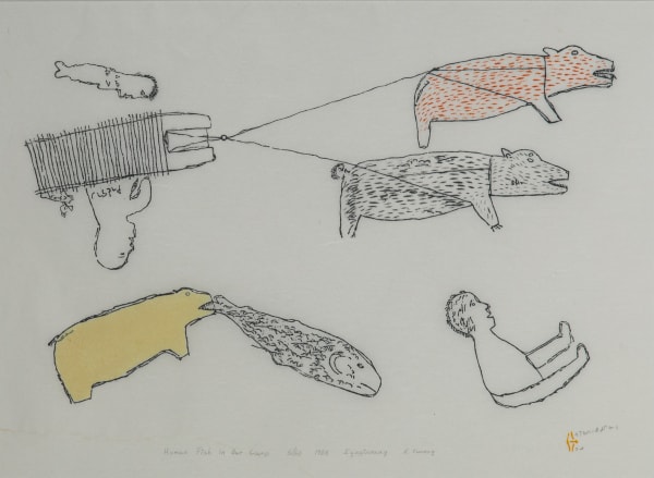 LOT 112 BESSIE SCOTTIE IQUGINNAAQ (1912-2009) QAMANI’TUAQ (BAKER LAKE) Human Fish in Our Camp, 1985 #6 stonecut and stencil, 17 x 23.25 in (43.2 x 59.1 cm) ESTIMATE: $400 — $600 PRICE REALIZED: $408.00