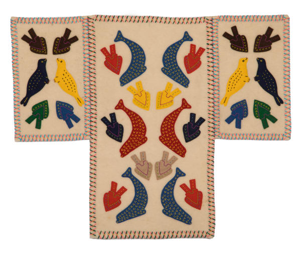 LOT 76 UNIDENTIFIED ARTIST, possibly KANGIQLINIQ (RANKIN INLET) Untitled Wall Hanging (Triptych) stroud, embroidery floss, felt, and cotton thread, 29.25 x 37.5 in (74.3 x 95.3 cm), irregular ESTIMATE: $250 — $350