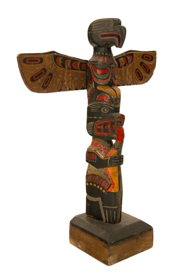 Lot 12 PHILIP NELSON (1924-D) KWAKWA̱KA̱ʼWAKW/QUATSINO AND JIMMY JOHN (1876-1988) MOWACHAHT/NUU-CHAH-NULTH Model Totem Pole, c. 1940s / 1950s cedar wood, paint, and later added paint, 13.5 x 10.5 x 3.75 in (34.3 x 26.7 x 9.5 cm) ESTIMATE: $200 — $300 PRICE REALIZED: $268.40