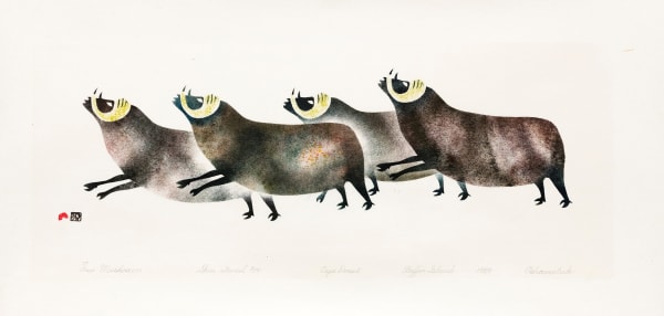 Lot 79 OSUITOK IPEELEE, R.C.A. (1922 or 1923-2005) KINNGAIT (CAPE DORSET) Four Muskoxen, 1959 #18 stencil, 12.25 x 24 in (31.1 x 61 cm) ESTIMATE: $35,000 — $50,000 PRICE REALIZED: $40,800.00 A world record for the print at auction