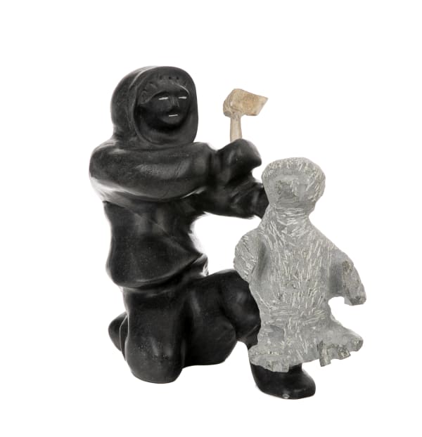 Lot 115 KUPAPIK NINGEOCHEAK (1961-) SALLIQ (CORAL HARBOUR) Man Carving a Seal, 1998 stone and antler, 12 x 12.5 x 12.25 in (30.5 x 31.8 x 31.1 cm) ESTIMATE: $500 — $800 PRICE REALIZED: $156.00