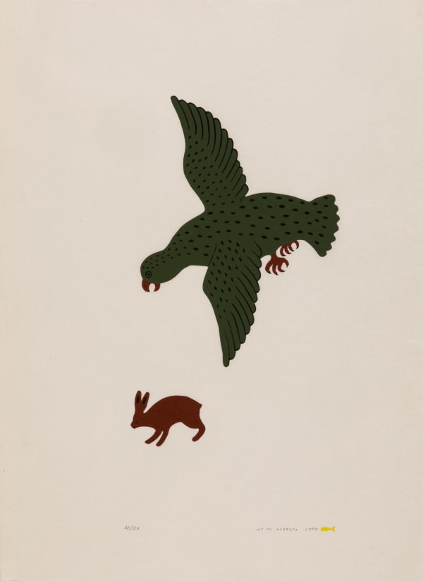 NOAH MEEKO (1982-2004) KUUJJUARAPIK (GREAT WHALE RIVER) Owl Hunting Rabbit, 1973 II #2 silkscreen, 29 x 21 in (73.7 x 53.3 cm)