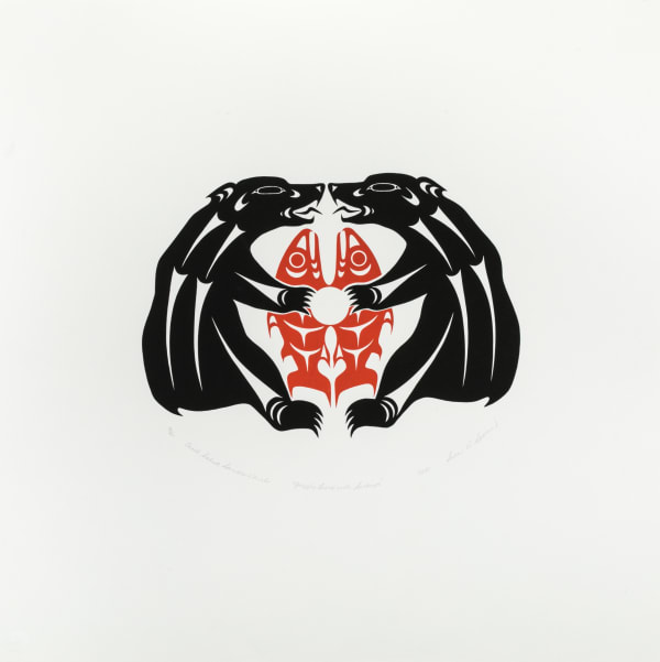 Lot 86 SUSAN POINT, C.C., R.C.A., O.B.C (1952-) MUSQUEAM, COAST SALISH Grizzly Bears with Sockeye, c. 1980s serigraph (silkscreen), 22 x 22 in (55.9 x 55.9 cm) ESTIMATE: $500 — $800 PRICE REALIZED: $384.00