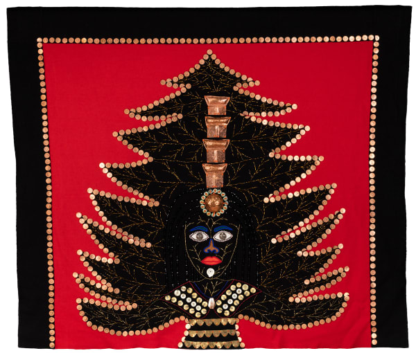 LOT 66 HAZEL WILSON (JUT-KE-NAY) (1941-2016) HAIDA Tree of Life, c. 2000-01 melton cloth, felt, copper, beads, shell, buttons, fur, thread, waxed string, 53.5 x 62.75 in (135.9 x 159.4 cm), ESTIMATE: $8,000 — $12,000 PRICE REALIZED: $7,500.00