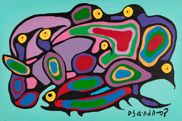 Lot 59 NORVAL MORRISSEAU, C.M. (1931-2007) ANISHINAABE (OJIBWE) Untitled (Life Cycle), c. early-mid 1980s acrylic on canvas, 24 x 36 in (61 x 91.4 cm) ESTIMATE: $10,000 — $15,000