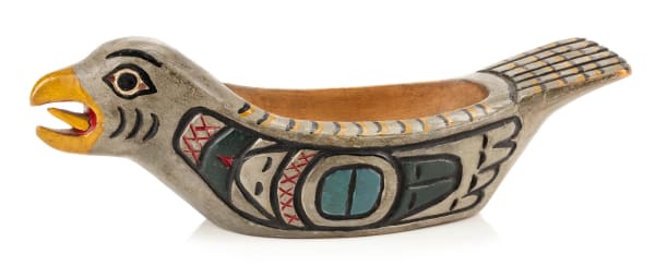 Lot 94 ELI TAIT (1872-1949) TSIMSHIAN, METLAKATLA, ALASKA Grouse Bowl, c. 1930 cedar wood and acrylic paint, 3 x 9 x 3.25 in (7.6 x 22.9 x 8.3 cm) ESTIMATE: $800 — $1,200 PRICE REALIZED: $732.00