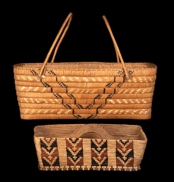 Lot 91 UNIDENTIFIED SALISH ARTISTS Two Carrying Containers, early 1900s cedar bark, cherry bark, plant fibre, and hide, 6.5 x 18 x 8.5 in (16.5 x 45.7 x 21.6 cm) / cedar bark, cherry bark, and plant fibre, 4 x 12.25 x 6.5 in (10.2 x 31.1 x 16.5 cm) ESTIMATE: $200 — $300 PRICE REALIZED: $456.00