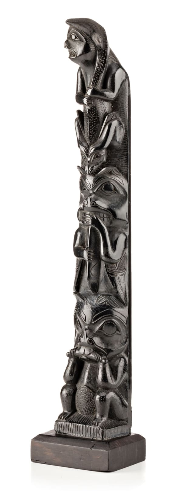 Lot 126 Attr.: ISAAC CHAPMAN (c. 1880-1910) HAIDA Model Totem Pole, c. 1900 argillite, 11 x 2.25 x 1.75 in (27.9 x 5.7 x 4.4 cm) ESTIMATE: $2,000 — $3,000 PRICE REALIZED: $2,280.00