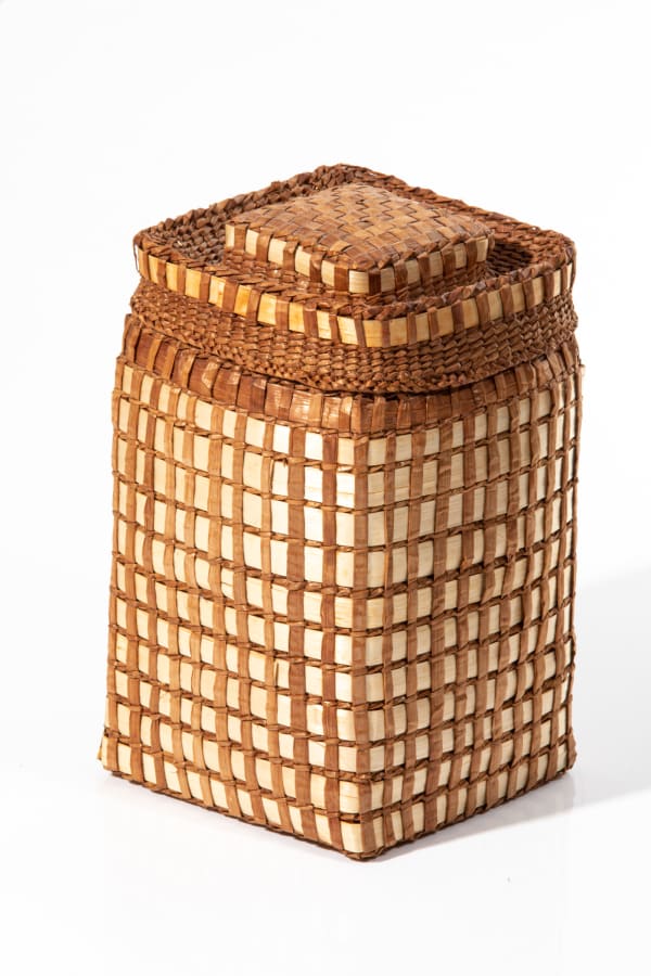 LOT 63 RENA POINT BOLTON (1927-) STÓ:LŌ Lidded Basket, 2008 woven cedar bark, 7.5 x 4.75 x 5 in (19.1 x 12.1 x 12.7 cm) ESTIMATE: $400 — $600 Price realized: $240