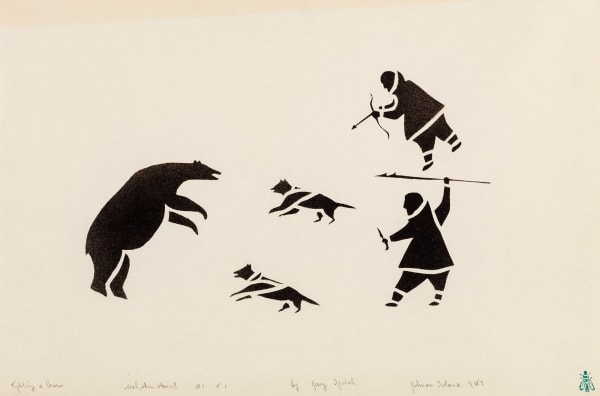Lot 61 HARRY EGOTAK (1925-2001) ULUKHAKTOK (HOLMAN ISLAND) Fighting a Bear (Two Men Fighting a Bear), May 1962 (Holman Experimental Collection, G1 No. 1) sealskin stencil, 11.75 x 15.75 in (30 x 40 cm) ESTIMATE: $1,000 — $1,500 PRICE REALIZED: $3,120.00 A world record for the artist at auction