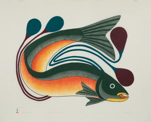 Lot 60 KENOJUAK ASHEVAK, C.C., R.C.A. (1927-2013) KINNGAIT (CAPE DORSET) Iqalutsiavak (Beautiful Fish), 2005 #11 stonecut and stencil on cream coloured paper, 26 x 32 in (66 x 81.3 cm) ESTIMATE: $2,500 — $3,500 PRICE REALIZED: $2,440.00