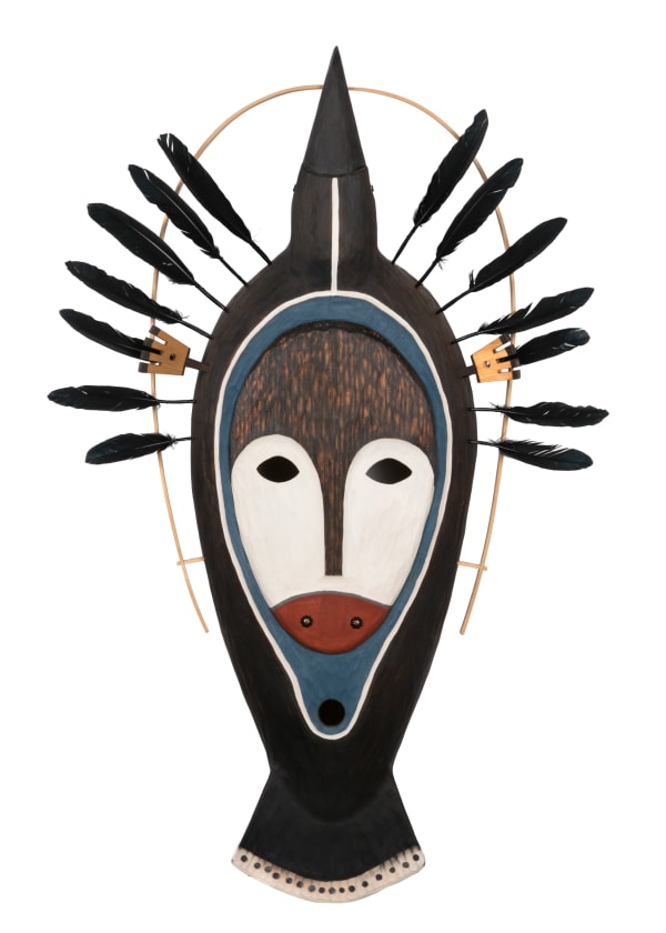 DREW MICHAEL (1984-) YU'PIK/INUPIAQ, BETHEL/EAGLE RIVER, AK Through the Darkness, 2017 basswood, acrylic paint, burning/torching, nails, washer, and feathers, 31 x 30.75 x 13.5 in (78.7 x 78.1 x 34.3 cm)