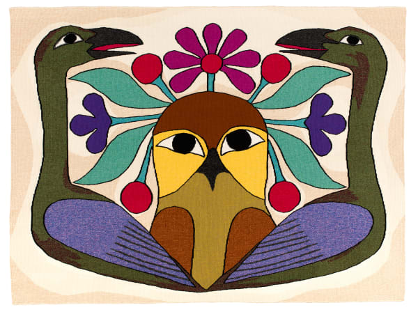 Lot 58 KENOJUAK ASHEVAK, C.C., R.C.A. (1927-2013) KINNGAIT (CAPE DORSET) Thoughts of The Owl, 2011 wool and cotton thread, 45 x 60 in (114.3 x 152.4 cm) ESTIMATE: $7,000 — $10,000 PRICE REALIZED: $15,600.00