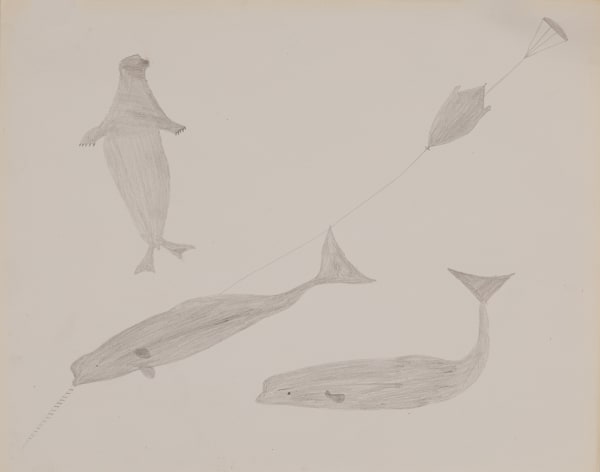 SHEOUAK PETAULASSIE (1918-1961) KINNGAIT (CAPE DORSET) Seal, Whale, and Harpooned Narwhal, c. 1960 graphite on wove paper, 16.5 x 21 in (41.9 x 53.3 cm)