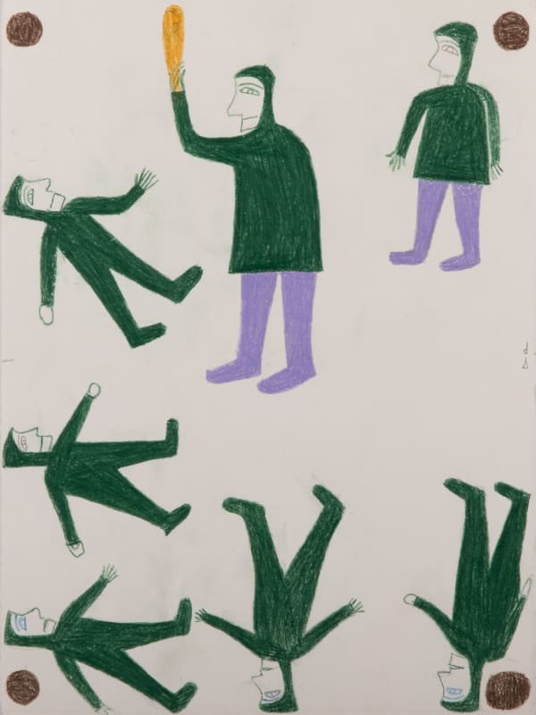 Lot 32 JESSIE OONARK, O.C., R.C.A (1906-1985) QAMANI'TUAQ (BAKER LAKE) Untitled (In Pursuit of the Flat Ball), mid 1970s coloured pencil on wove paper, 15 x 11 in (38.1 x 27.9 cm) ESTIMATE: $2,000 — $3,000 PRICE REALIZED: $1,464.00