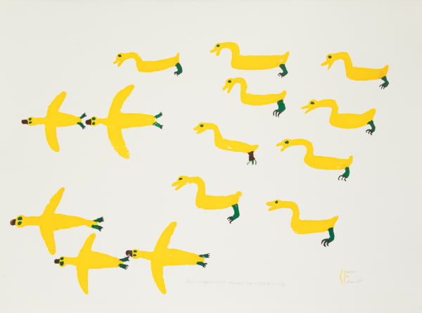 Lot 140 LUKE ANGUHADLUQ (1895-1982) QAMANI’TUAQ (BAKER LAKE) Geese in Flight, 1979 #3 silkcreen, 22 x 30 in (55.9 x 76.2 cm) ESTIMATE: $800 — $1,200 PRICE REALIZED: $1,680.00