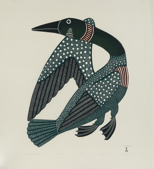 Lot 50 KENOJUAK ASHEVAK, C.C., R.C.A. (1927-2013) KINNGAIT (CAPE DORSET) Tuulliq Taanisiqtuq (Dancing Loon), 2006 #11 stonecut on beige coloured paper, 32 x 29 in (81.3 x 73.7 cm) ESTIMATE: $2,500 — $3,500 PRICE REALIZED: $3,050.00