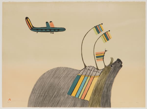 LOT 67 PUDLO PUDLAT (1916-1992) KINNGAIT (CAPE DORSET) In Celebration, 1979 (Special Release) lithograph, hand coloured by the artist with acrylics, 22 x 30 in (55.9 x 76.2 cm) ESTIMATE: $600 — $900