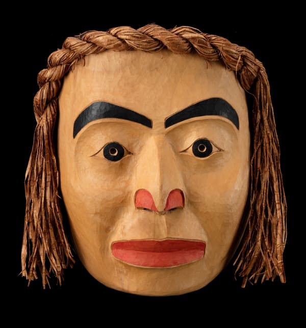 Lot 47 FREDA DIESING (1925-2002) HAIDA, PRINCE RUPERT Portrait Mask, 1986 alder wood, cedar bark, and acrylic paint, 9 x 8 x 5 in (22.9 x 20.3 x 12.7 cm) ESTIMATE: $8,000 — $12,000 Price realized: $7,320.00