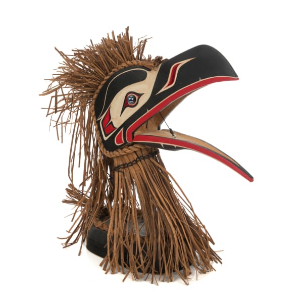 Lot 19 STANLEY “STAN” CLIFFORD HUNT (1954-) KWAKWA̱KA̱ʼWAKW, FORT RUPERT, B.C. Articulated Raven Model Mask, June 2000 cedar wood, cedar bark, acrylic paint, thread, and marbles, 15 x 16.5 x 6 in (38.1 x 41.9 x 15.2 cm) ESTIMATE: $1,000 — $1,500 PRICE REALIZED: $1,952.00