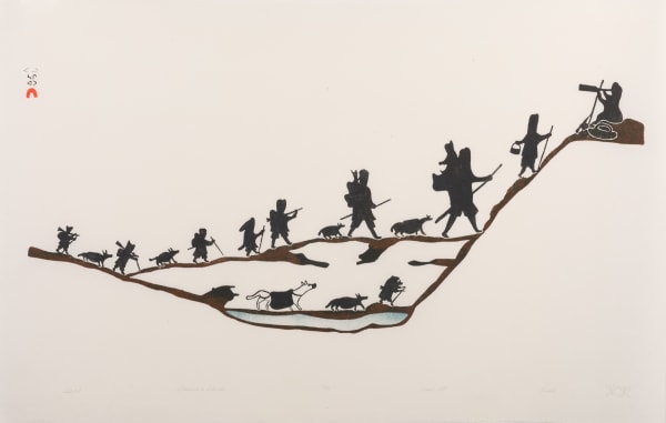 Lot 50 PUDLO PUDLAT (1916-1992) KINNGAIT (CAPE DORSET) Ikkutut (Embarking on a Long Journey), 1987 #33 stonecut and stencil, 18 x 28 in (45.7 x 71.1 cm) ESTIMATE: $350 — $500 PRICE REALIZED: $456.00